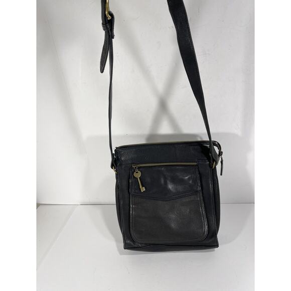 Fossil Black Pebbled Leather Messenger Crossbody Shoulder Womens‎ Bag 75082 Key - Picture 2 of 12